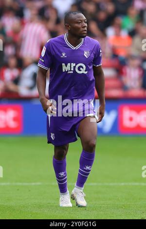 Sheffield, Großbritannien. September 2024. Edo Kayembe von Watford während des SKY Bet EFL Championship Matches Sheffield United FC gegen Watford FC in der Bramall Lane, Sheffield, England, Großbritannien am 1. September 2024 Credit: Every Second Media/Alamy Live News Stockfoto