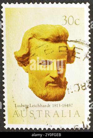 Gestempelte Briefmarke, gedruckt von Australien, die Explorer Ludwig Leichardt zeigt, um 1983. Stockfoto