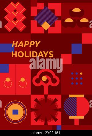 Moderner geometrischer Hintergrund, flaches minimalistisches Design mit traditionellen chinesischen glückverheißenden Symbolen, die den Wohlstand und Reichtum des Neujahrs feiern Stock Vektor