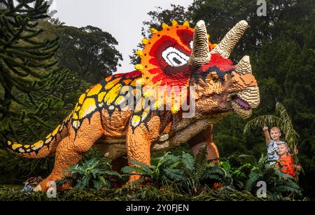 Von links nach rechts stört George und Henry Horner mit einem Triceratops aus 149.542 Ziegeln, dessen Bau 415 Stunden dauerte, die im legendären „Bricks: Dinosaurs“ zu sehen sind! Veranstaltung in der Sewerby Hall in Bridlington, East Yorkshire, mit 18 lebensgroßen Modellen aus Tausenden von kleinen bunten Plastikziegeln, darunter ein Triceratops, ein Stegosaurus und ein Iguanodon. Bilddatum: Montag, 2. September 2024. Stockfoto