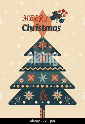 Eine bunte Vektor-Illustration eines skandinavischen Weihnachtsbaums im Folk-Stil, der mit Weihnachtsdekorationselementen geschmückt ist Stock Vektor
