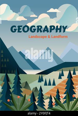 Moderne geometrische dekorative Stil Landschaft Vektor Illustration: Berge, Seen, Wälder und Ackerland. Vektorabbildung. Stock Vektor