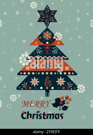 Eine bunte Vektor-Illustration eines skandinavischen Weihnachtsbaums im Folk-Stil, der mit Weihnachtsdekorationselementen geschmückt ist Stock Vektor