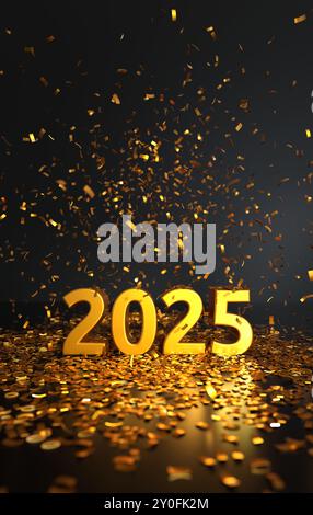 2025 Text mit Konfetti - Tiefeneffekt - Happy New Year Karte - 3D-Rendering Stockfoto