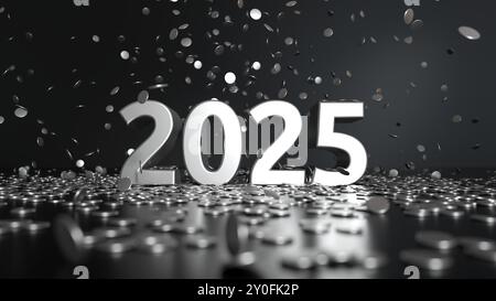 2025 Text mit Konfetti - Tiefeneffekt - Happy New Year Karte - 3D-Rendering Stockfoto