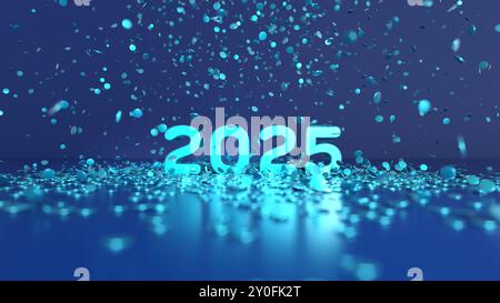 2025 Text mit Konfetti - Tiefeneffekt - Happy New Year Karte - blauer Hintergrund - 3D-Rendering Stockfoto