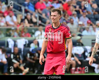 St. Louis, USA. September 2024. Der Mittelfeldspieler Chris Durkin aus St. Louis City (8). STL City veranstaltete die LA Galaxy in einem Major League Soccer Spiel im STL CITYPARK Stadium in St. Louis, MO am Sonntag, den 1. September 2024. Foto: Tim Vizer/SIPA USA Credit: SIPA USA/Alamy Live News Stockfoto