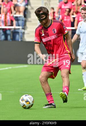 St. Louis, USA. September 2024. St. Louis City Mittelfeldspieler Indiana Vassilev (19). STL City veranstaltete die LA Galaxy in einem Major League Soccer Spiel im STL CITYPARK Stadium in St. Louis, MO am Sonntag, den 1. September 2024. Foto: Tim Vizer/SIPA USA Credit: SIPA USA/Alamy Live News Stockfoto