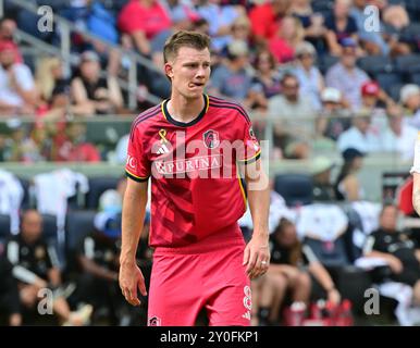 St. Louis, USA. September 2024. Der Mittelfeldspieler Chris Durkin aus St. Louis City (8). STL City veranstaltete die LA Galaxy in einem Major League Soccer Spiel im STL CITYPARK Stadium in St. Louis, MO am Sonntag, den 1. September 2024. Foto: Tim Vizer/SIPA USA Credit: SIPA USA/Alamy Live News Stockfoto
