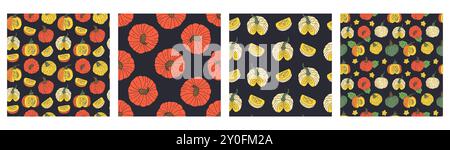 Set mit 4 nahtlosen Mustern mit handgezeichneten bunten Kürbissen Stock Vektor
