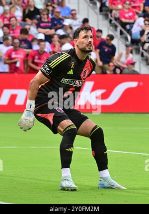 St. Louis, USA. September 2024. St. Louis City Torhüter Roman Bürki (1). STL City veranstaltete die LA Galaxy in einem Major League Soccer Spiel im STL CITYPARK Stadium in St. Louis, MO am Sonntag, den 1. September 2024. Foto: Tim Vizer/SIPA USA Credit: SIPA USA/Alamy Live News Stockfoto