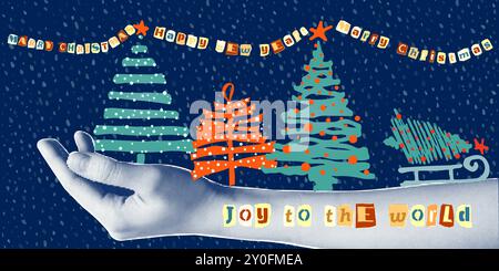 Happy New Year Merry Christmas 2025 Design. 90er Jahre Banner im Vintage Stil Halftone Hand halten festliche Symbole Baum, Geschenke, Kugel. Farbenfrohe Collage für Stock Vektor