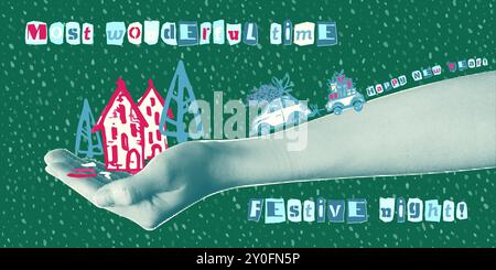 Happy New Year Merry Christmas 2025 Design. 90er Jahre Banner im Vintage Stil Halftone Hand halten festliche Symbole Baum, Geschenke, Kugel. Farbenfrohe Collage für Stock Vektor