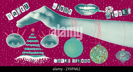 Happy New Year Merry Christmas 2025 Design. 90er Jahre Banner im Vintage Stil Halftone Hand halten festliche Symbole Baum, Geschenke, Kugel. Farbenfrohe Collage für Stock Vektor