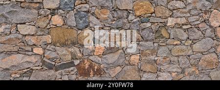 Graubraune Panoramasteinwand mit unregelmäßiger Anordnung verschiedener Steine Stockfoto