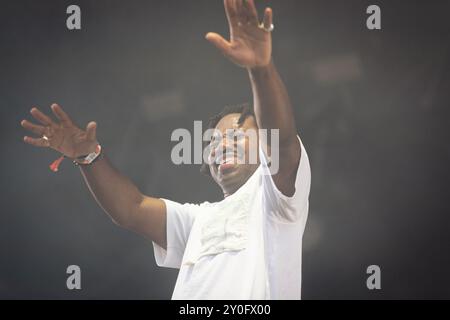 Paris, Frankreich. August 2024. Die britische Sängerin und Songwriterin Sampha tritt live beim Rock en seine Festival auf. (Foto: Telmo Pinto/SOPA Images/SIPA USA) Credit: SIPA USA/Alamy Live News Stockfoto