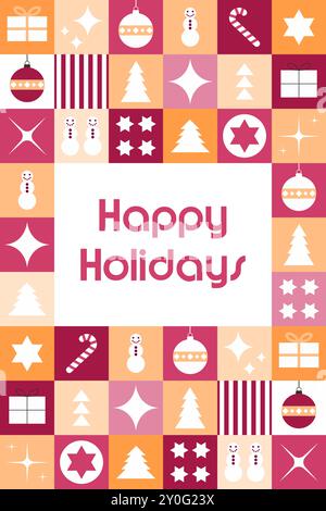 Modernes Weihnachtskartendesign. Niedliche Weihnachtsfliesen. Frischer, geometrischer Cartoon-Style. Stock Vektor