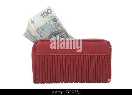 Rote Brieftasche mit polnischen Banknoten teilweise sichtbar Stockfoto