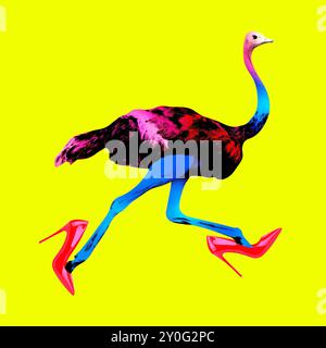 Tierische zeitgenössische Kunstcollage. Strauß auf gelbem Hintergrund in roten Schuhen. Stockfoto
