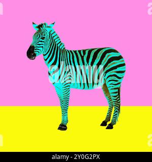 Tierische zeitgenössische Kunstcollage. Zebra auf rosa und gelbem Hintergrund. Stockfoto
