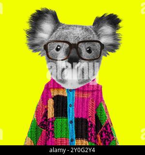 Tierische zeitgenössische Kunstcollage. Niedlicher Koala in einem warmen Pullover und einer Brille auf gelbem Hintergrund. Stockfoto