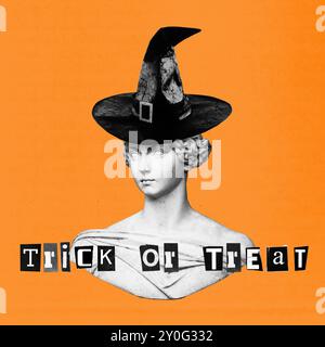 Moderne Halloween-Collage, Statue mit Hexenhut auf orangem Hintergrund, mit Untertiteln „Trick or Treat“. Stockfoto