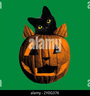 Moderne Halloween-Collage, schwarze Katze, die in einem Kürbis auf grünem Hintergrund sitzt, sieht aus wie das Gesicht der Katze Stockfoto