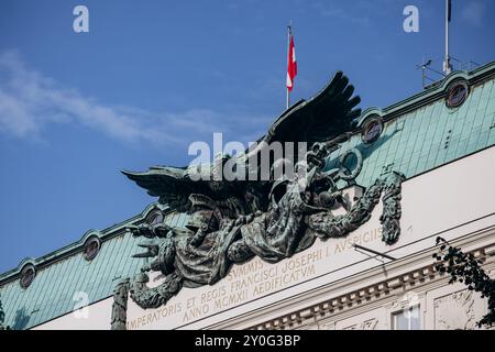 Wien, Österreich - 5. August 2024: Doppeladler an der Fassade des Regierungsgebäudes in Wien Stockfoto