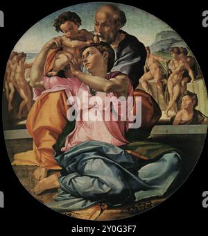 Michelangelo - Doni Tondo oder Doni Madonna - Heilige Familie mit Kind Jesus, Maria und Joseph im Vordergrund, zusammen mit Johannes dem Täufer Stockfoto