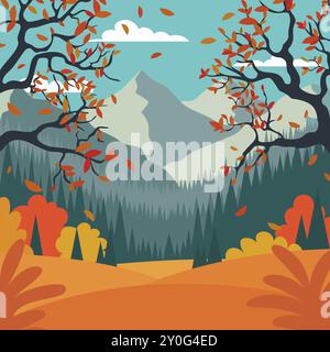 Herbstlandschaft mit Bergen und Bäumen. Vektorabbildung EPS10 Stock Vektor
