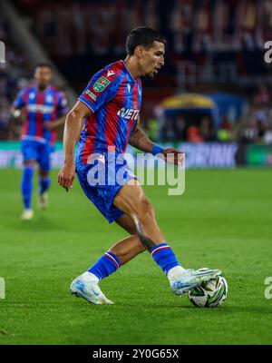 Daniel Munoz aus Crystal Palace in Aktion während des Spiels der zweiten Runde des Carabao Cup im Londoner Selhurst Park. Bilddatum: Dienstag, 27. August 2024. Stockfoto