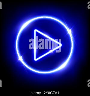 Neonblaue Wiedergabe-Taste 3D-Vektor-Illustration. Abstrakter glänzender Kreisring auf schwarzem Hintergrund mit leuchtendem Dreieck. Wiedergabesymbol, zum Starten drücken Stock Vektor