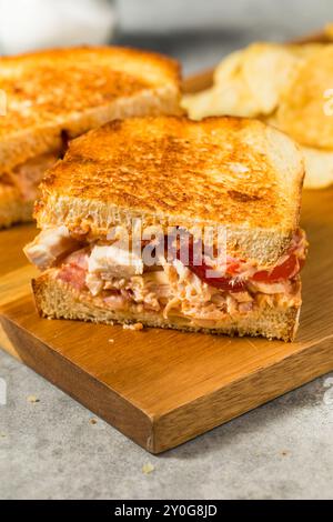 Scharfes hausgemachtes Chipotle Chicken Sandwich Panini mit Speck und Tomaten Stockfoto