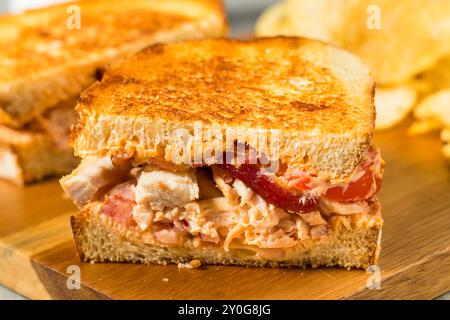 Scharfes hausgemachtes Chipotle Chicken Sandwich Panini mit Speck und Tomaten Stockfoto