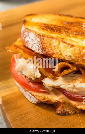 Scharfes hausgemachtes Chipotle Chicken Sandwich Panini mit Speck und Tomaten Stockfoto