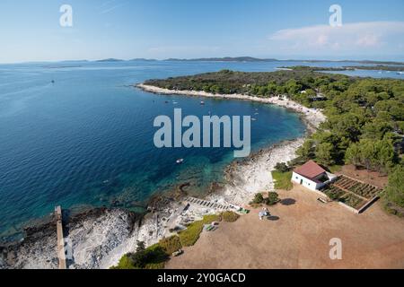 Nordblick vom Gipfel des Leuchtturms Veli Rat auf der Insel Dugi Otok, Adria, Kroatien Stockfoto