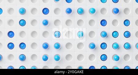Blaue Kugeln im weißen Rasterhintergrund, abstraktes Geschäfts- oder Datenkonzept, flache Draufsicht von oben, 3D-Illustration Stockfoto