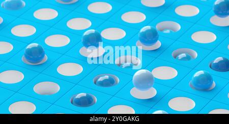 Blaue Kugeln in weiß und blauem Gitterhintergrund mit Löchern, abstraktes Geschäfts- oder Datenkonzept, selektiver Fokus, 3D-Illustration Stockfoto