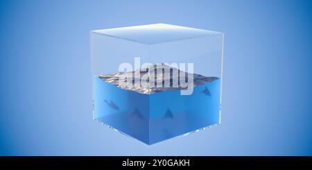 Teil des Meeres oder Meerwassers mit Wellen, die in Würfel über blauem Hintergrund ausgeschnitten sind, Natur-, Umwelt- oder Umweltschutzkonzept, 3D-Illustration Stockfoto