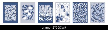 Poster von Matisse. Abstrakte Kunst. Modernes Muster. Blumen und Pflanzenblätter. Organische Farbformen. Blaue Silhouetten mit Retro-Grafik. Botanische unregelmäßige Formen. Flache Elemente mit Blumenmuster. Vektor-Design-Karten-Set Stock Vektor