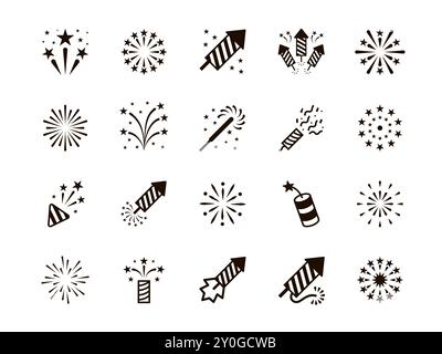 Feuerwerksymbole. Ausleger Neujahrsreihe. Circle Chinese Jubiläum oder Gratulation Party. Weihnachten oder Geburtstag blinkt. Schwarze, silbrige Feuerwerkskörper. Festliche Explosionslichter. Vektorflachsymbole festgelegt Stock Vektor