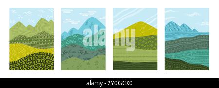 Abstrakte Felder. Reisstruktur, Weizen oder Mais, landwirtschaftliche Landwirtschaft. Ökologisches Dorf Landschaft, ländliche Grashügel. Summer Scene Minimal Background Kollektion. Landschaft. Einfache Vektor-Illustration Stock Vektor