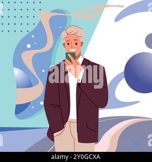 Personen, die Telefone halten. Junger Mann mit Smartphone. Mobile App für Chats und Anrufe. Kommunikationstechnologie. Abstrakte geometrische Raumformen. Telefongerät. Handy in der Hand. Vektorkonzept Stock Vektor