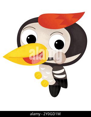 Zeichentrickszene mit glücklichem Spechte Waldtier Vogel isoliert auf weißer Hintergrund Illustration für Kinder Stockfoto