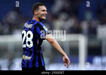 Benjamin Pavard vom FC Internazionale feiert am 30. August 2024 im Stadio Giuseppe Meazza in Mailand, Italien, am Ende der Serie A zwischen dem FC Internazionale und Atalanta BC. Stockfoto