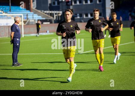 Drammen, Norwegen, 1. September 2024. Bodø/Glimts Patrick Berg während des Aufwärmens vor dem Eliteserien-Spiel zwischen Fredrikstad und Tromsø im Fredrikstad-Stadion. Quelle: Frode Arnesen/Alamy Live News Stockfoto