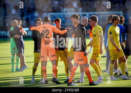 Drammen, Norwegen, 1. September 2024. Die Spieler von Bodø/Glimt feiern 0-1 im Eliteserien-Spiel zwischen Strømsgodset und Bodø/Glimt im Marienlyst-Stadion. Quelle: Frode Arnesen/Alamy Live News Stockfoto