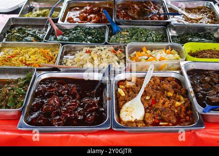 Verschiedene malaysische kulinarische Köstlichkeiten werden in einem lokalen Street Food-Stand präsentiert. Stockfoto