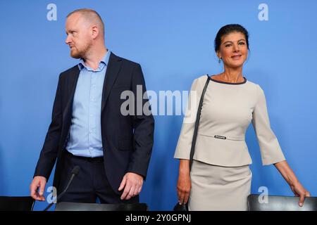 Pressekonferenz, Bündnis Sahra Wagenknecht Pressekonferenz zu den Landtagswahlen in Sachsen und Thüringen, Bündnis Sahra Wagenknecht, BSW Parteivorsitzende Sahra Wagenknecht, Generalsekretär Christian Leye Berlin Berlin GER *** Pressekonferenz, Alliance Sahra Wagenknecht Pressekonferenz zu den Landtagswahlen in Sachsen und Thüringen, Alliance Sahra Wagenknecht, BSW Parteivorsitzende Sahra Wagenknecht, BSW Parteivorsitzende Sahra Wagenknecht, Generalsekretär Berlin, Generalsekretär Christian Leye Berlin Berlin Berlin Berlin Berlin Stockfoto