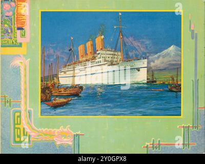 Vintage Travel Booklet Artwork für die neue Kaiserin von Japan vom kanadischen Pazifik. Innenseite, die das Schiff mit Art-Deco-Rand zeigt. 1930 Stockfoto